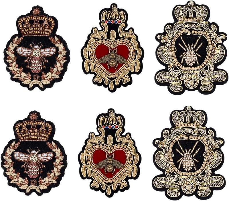 AHANDMAKER 6pcs Crown Bee Badge Embroidered Applique Patch, 3 Style Embroidered Badge Patch Sew On Patches DIY Decorative Applique Patches for Dress Jeans Jackets Handbag Clothing - Image 1